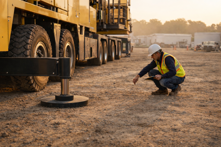 Inspector crouching beside a crane outrigger pad on a dirt jobsite